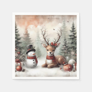 Classic woodland Christmas deer/snowman Napkin