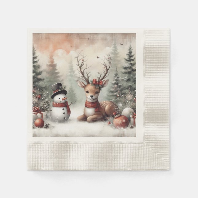 Classic woodland Christmas deer/snowman Napkin (Front)