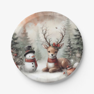 Classic woodland Christmas deer/snowman Paper Plate