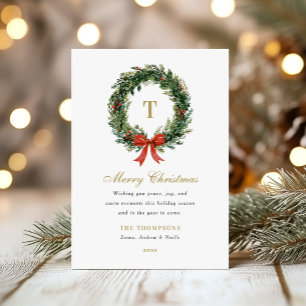 Classic Wreath Monogram Christmas Family Name Holiday Card