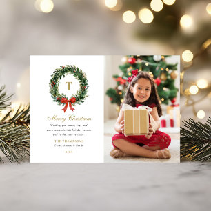 Classic Wreath Monogram Christmas Family Photo Holiday Card