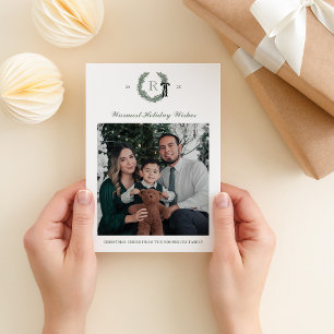 Classic Wreath Monogram Single Photo Holiday Card