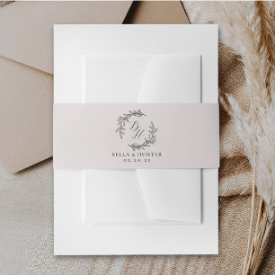 Classic Wreath Monogram Soft Pink Wedding Invitation Belly Band
