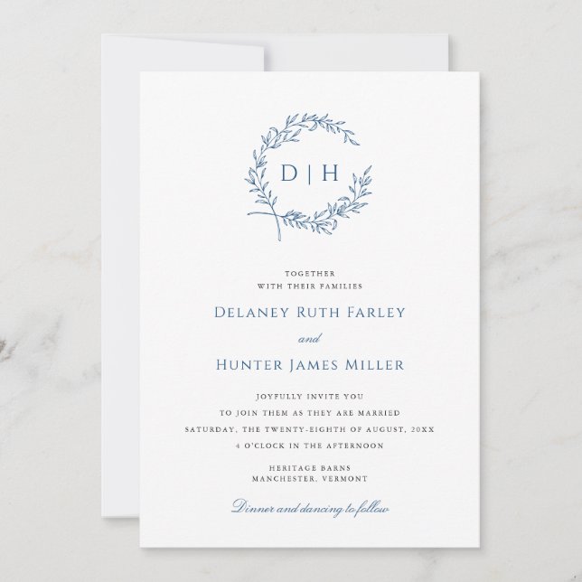 Classic Wreath Navy Monogram Wedding Invitation (Front)