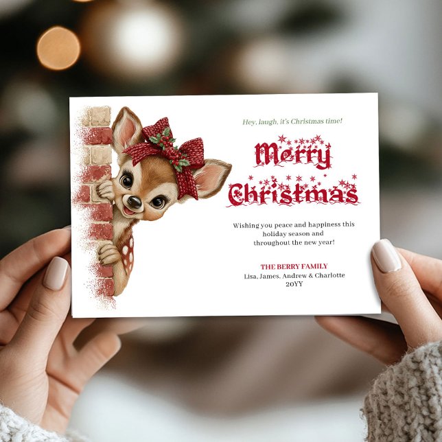 Classic Xmas baby fawn peeking forest greeting   Holiday Card (Classic Xmas baby fawn peeking forest greeting card)