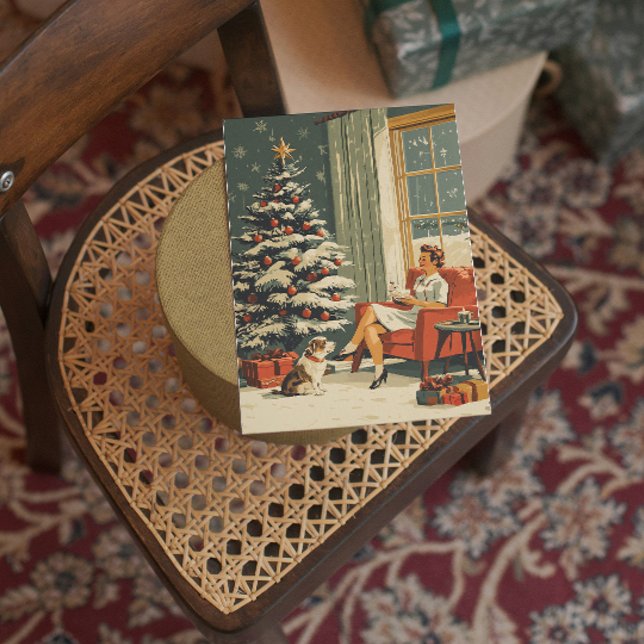 Classic Xmas Scene Woman  Dog Decorated Tree Holiday Card (Creator Uploaded)