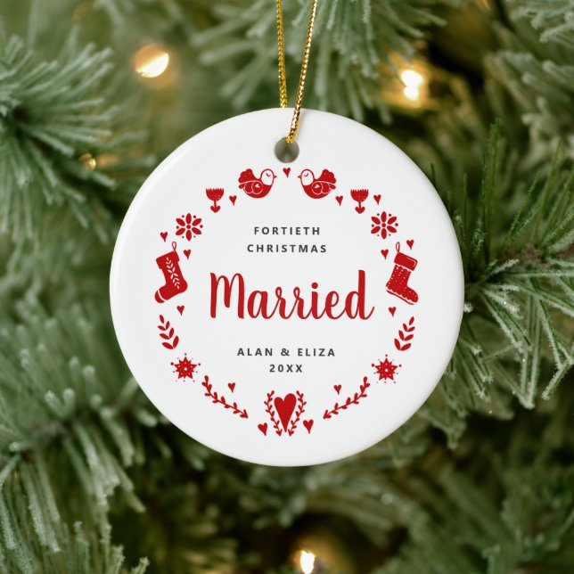 Classic Xmas Themed Personalised 40th Year Married Ceramic Tree Decoration (Tree)