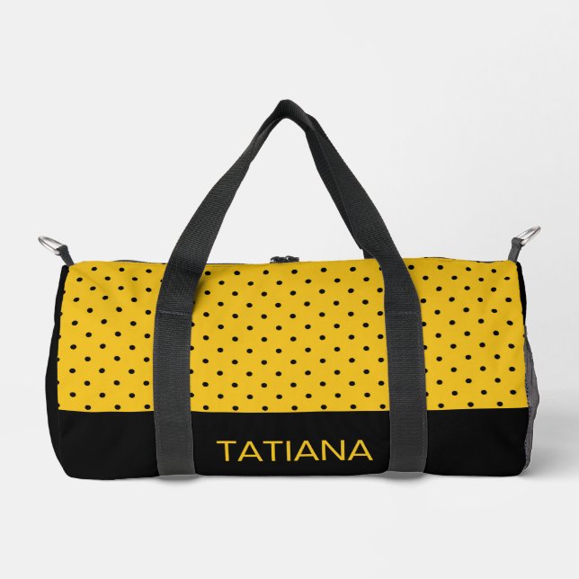Classic Yellow & Black Polka Dot Pattern Duffle Bag (Front)