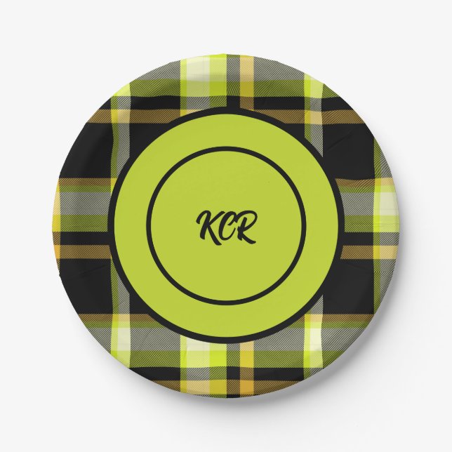 Classic Yellow Black Tartan Plaid Pattern Party Paper Plate (Front)