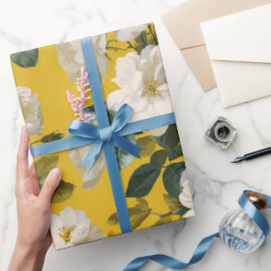 Classic Yellow Rose White Floral Pattern Wrapping Paper