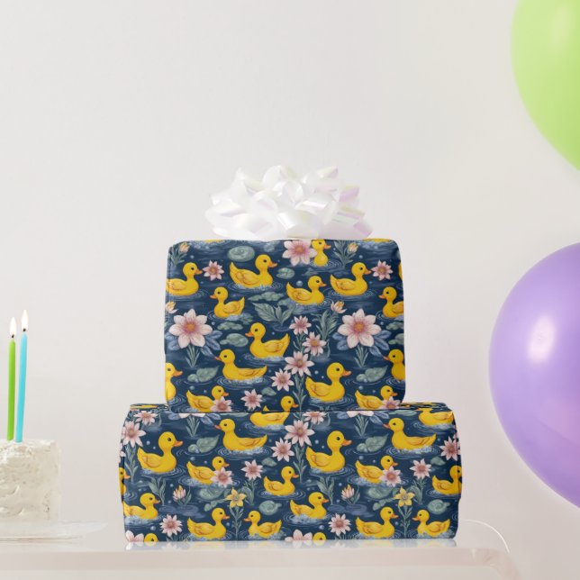 Classic Yellow Rubber Duckies With Pink Flowers Wrapping Paper (Party Gifts)