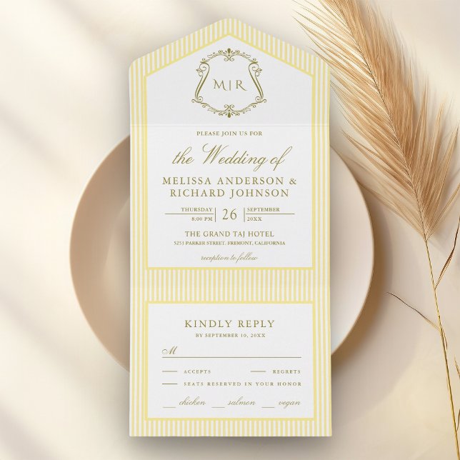 Classic Yellow Striped Crest Monogram Wedding All In One Invitation (Creator Uploaded)