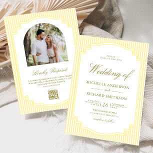 Classic Yellow Striped Photo QR Code Wedding Invitation