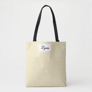 Classic Yellow & White Gingham Personalized Name Tote Bag