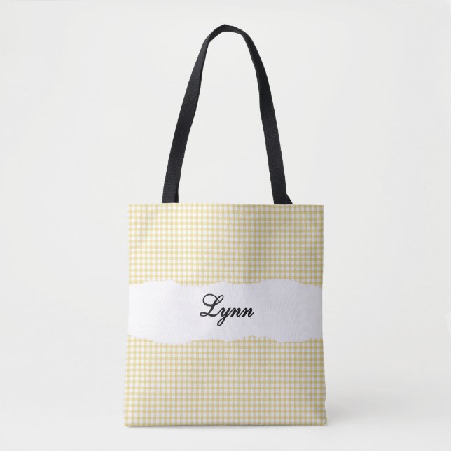 Classic Yellow & White Gingham | Personalized Name Tote Bag (Front)