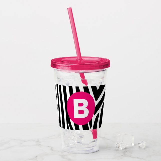 Classic Zebra Stripes Bright Pink Monogram Acrylic Tumbler (Front Ice)