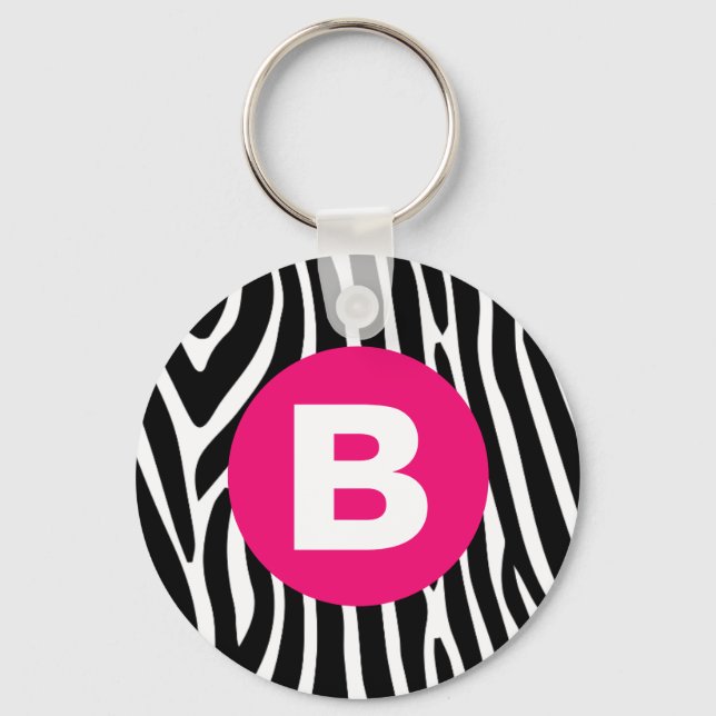 Classic Zebra Stripes Bright Pink Monogram Key Ring (Front)