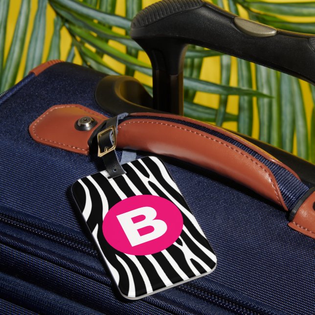 Classic Zebra Stripes Bright Pink Monogram Luggage Tag (Front Insitu 1)