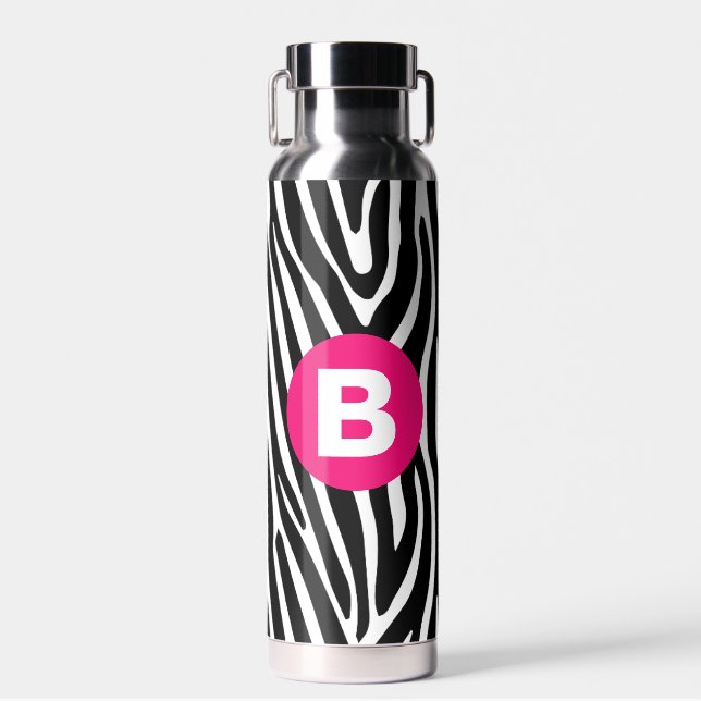 Classic Zebra Stripes Bright Pink Monogram Water Bottle (Front)