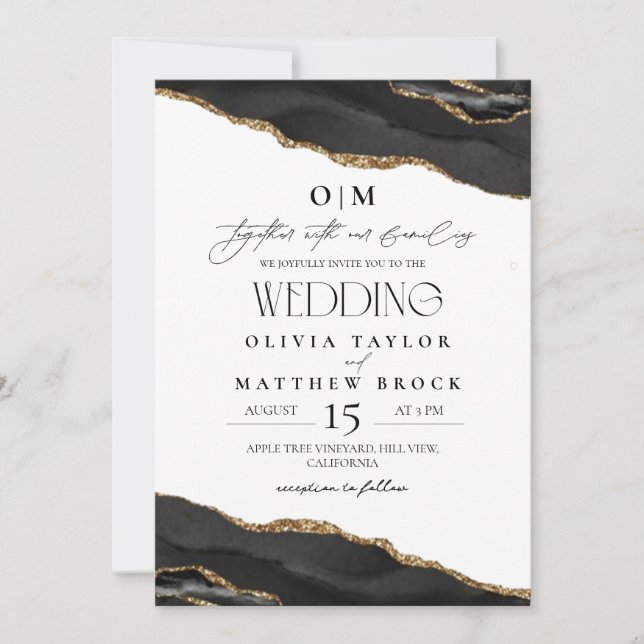 Classical Black and white Agate Wedding Invitation (Front)