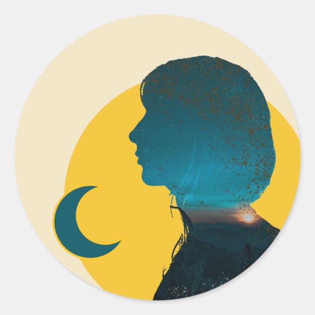Classical Blue Geometric Woman Sunset Reflection  Classic Round Sticker (Front)
