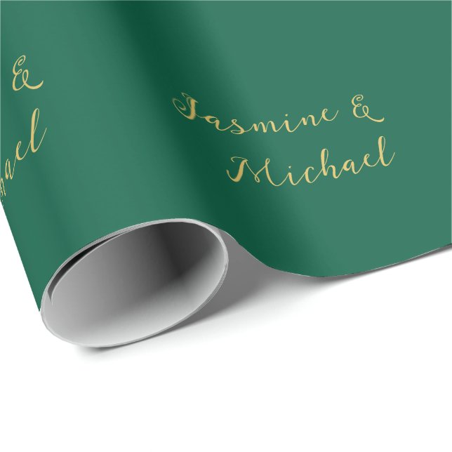 Classical Calligraphy Couple Names Green & Gold Wrapping Paper (Roll Corner)