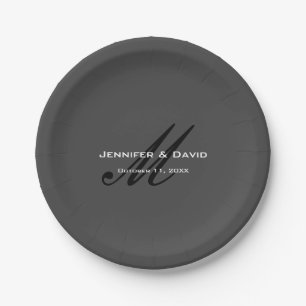 Classical Calligraphy Monogram Wedding Grey Paper Plate