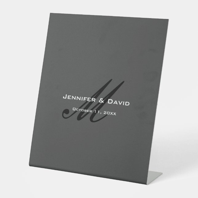 Classical Calligraphy Monogram Wedding Grey Pedestal Sign (Front)