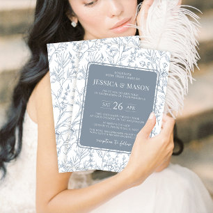 Classical dusty blue floral wedding invitations