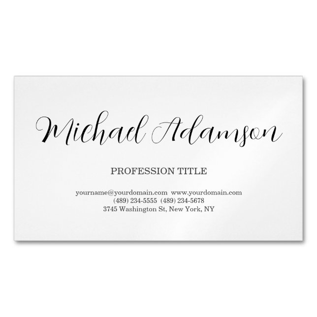 Classical Elegant Plain Simple White Minimalist Magnetic Business Card (Front)