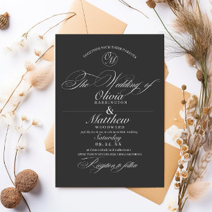Classical Elegant Script Black and White Wedding Invitation