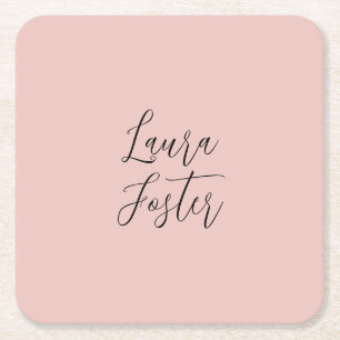Classical Handwriting Elegant Name Rose Gold Square Paper Coaster