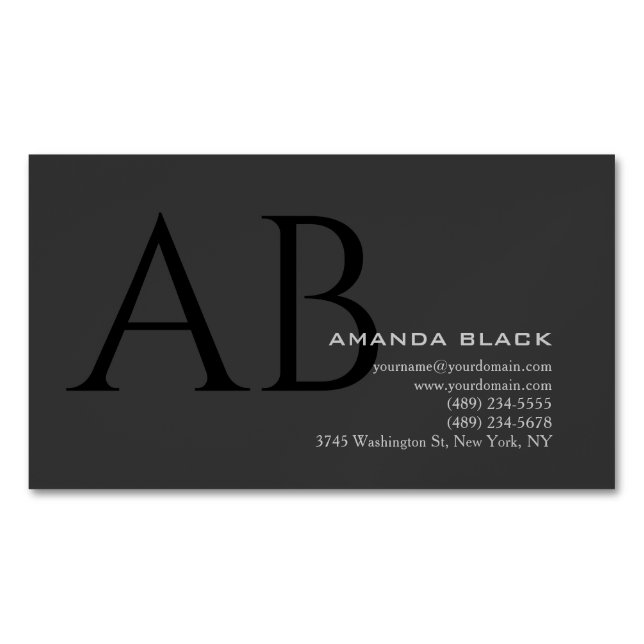 Classical Monogram Custom Grey Black Simple Custom Magnetic Business Card (Front)