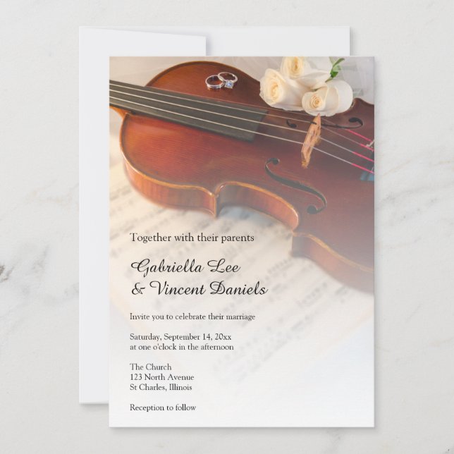 Classical Violin and White Roses Wedding Invitation (Front)