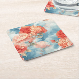 Classics - Angelic Pink and Red Roses in soft clou Square Paper Coaster