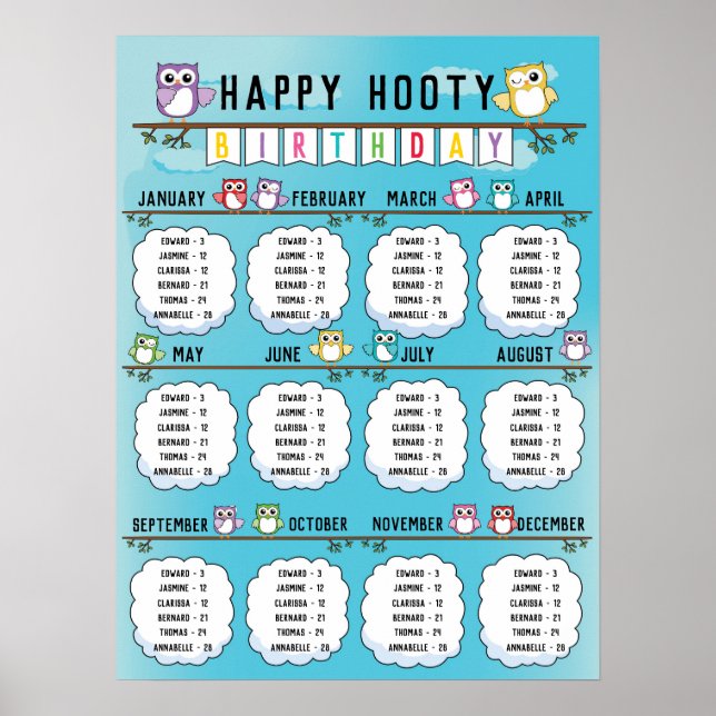 Classroom Birthday Board in Cute Owl Theme Poster (Front)