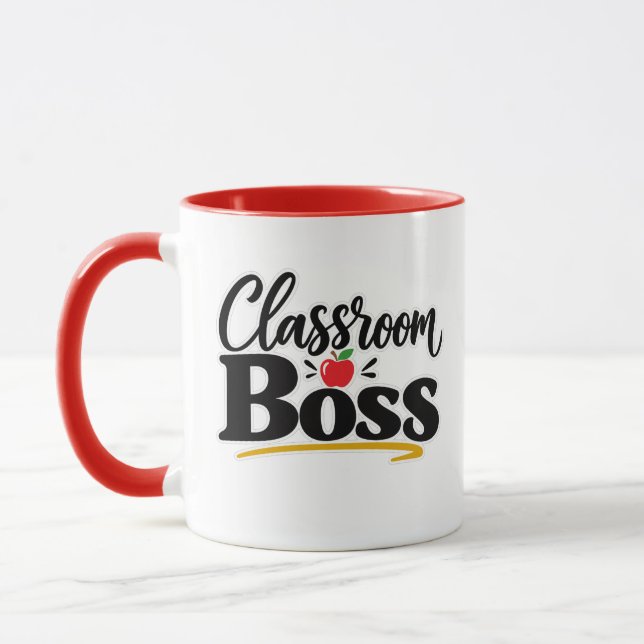 Classroom Boss Funny Teacher Apple Typography Mug (Left)