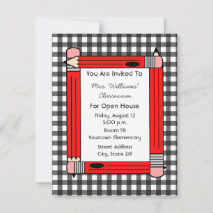 Classroom Open House: Red Pencils, Grey Gingham Invitation