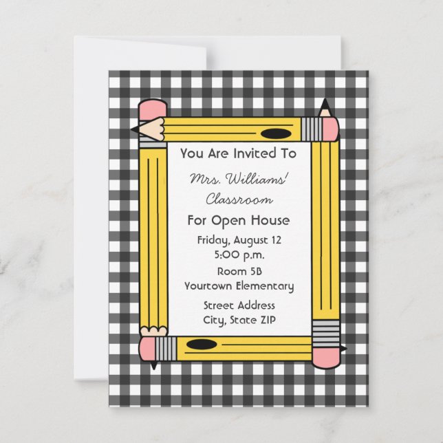 Classroom Open House: Yellow Pencils, Grey Gingham Invitation (Front)