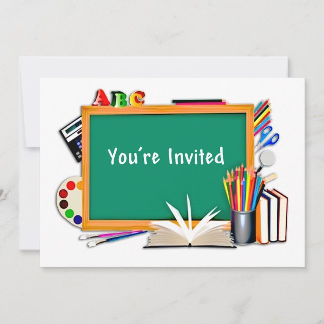 Classroom Supplies, Books, Chalkboard Invited Invitation (Front)