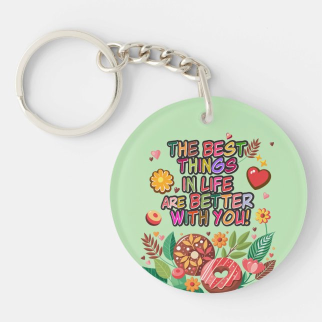 Classroom Valentine's Day Boho Doughnuts and Flowe Key Ring (Front)