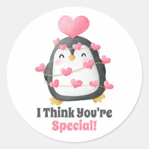 Classroom Valentine's Day Penguin Pink Hearts  Classic Round Sticker