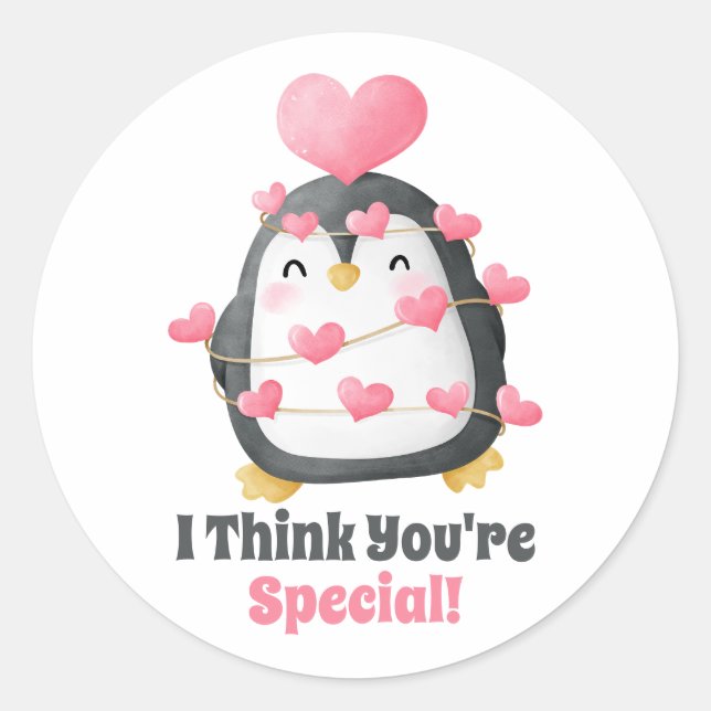 Classroom Valentine's Day Penguin Pink Hearts  Classic Round Sticker (Front)
