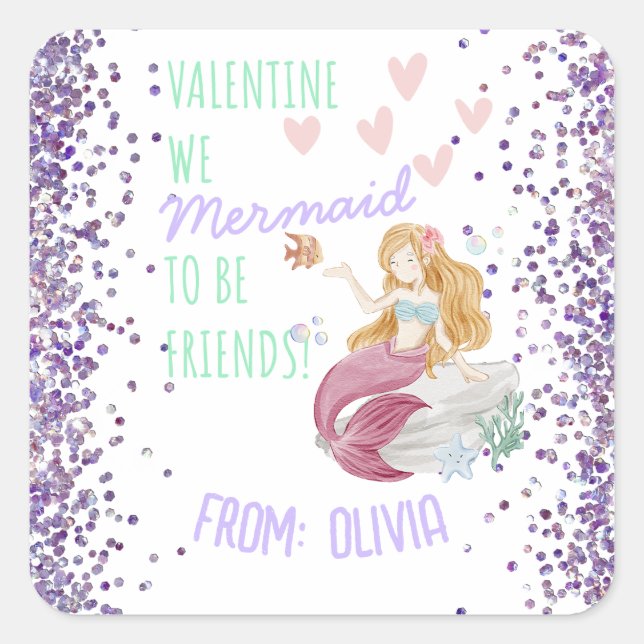 Classroom Valentine's Personalized MERMAID Square Sticker (Front)