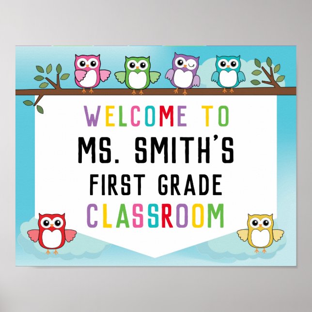 Classroom Welcome Sign in Cute Owl Theme (Front)