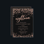 Classy 18th Birthday Invitation Rose Gold Confetti<br><div class="desc">Classy 18th Birthday Party Invitations: Sparkly rose gold confetti 18th birthday party invitation design featuring bright rose gold glitter look confetti polka dots. Rose gold "eighteen" written in hand-lettering script typography. Contemporary lettering fills out the party details. [Note that while elements of this design will print to look like glitter,...</div>