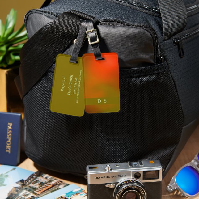 Classy Abstract Green Orange Monogram Luggage Tag (Front & Back)