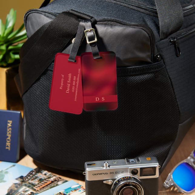Classy Abstract Red and Black Monogram Luggage Tag (Front & Back)