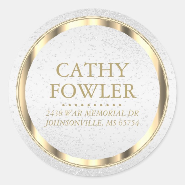 Classy Address Gold and White Classic Round Sticker (Front)
