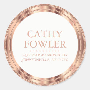 Classy Address Rose Gold and White Classic Round Sticker